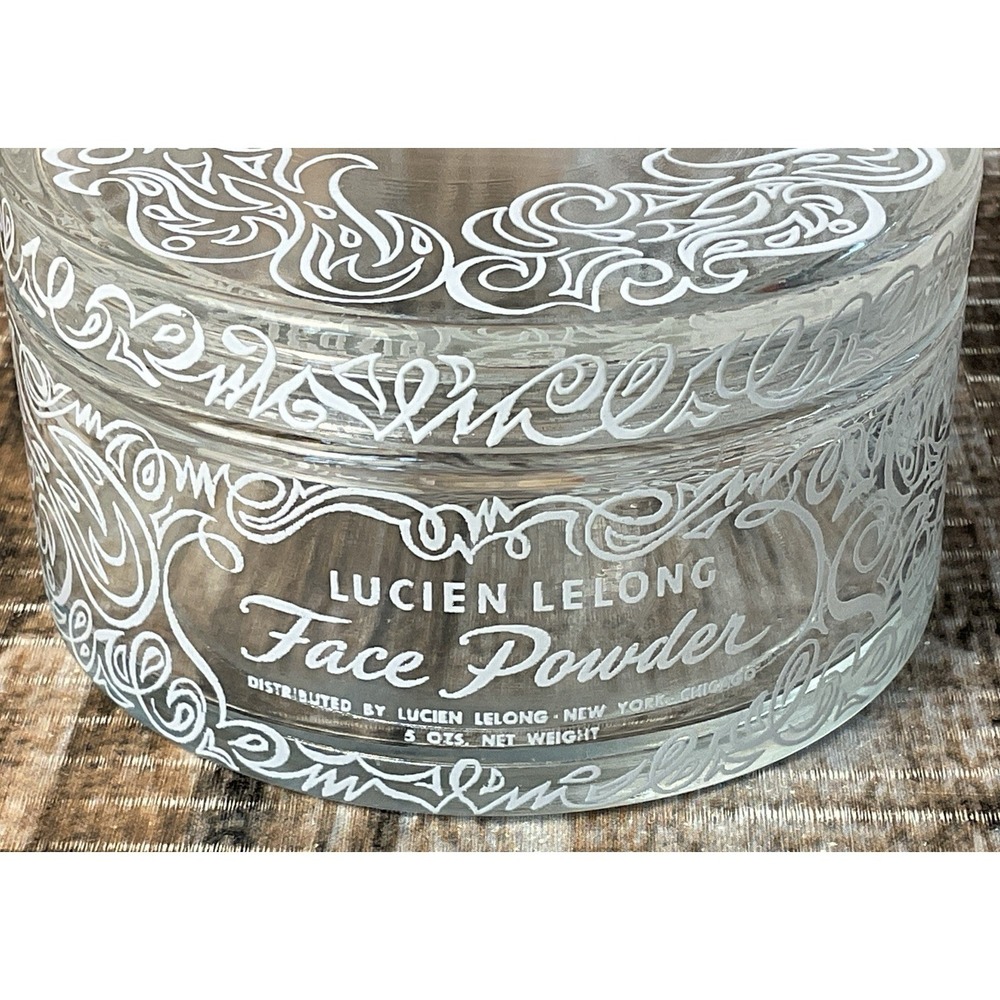 Vintage Lucien Lelong Face Powder Glass Jar Decorative Swirl Design 5oz - Picture 2 of 11